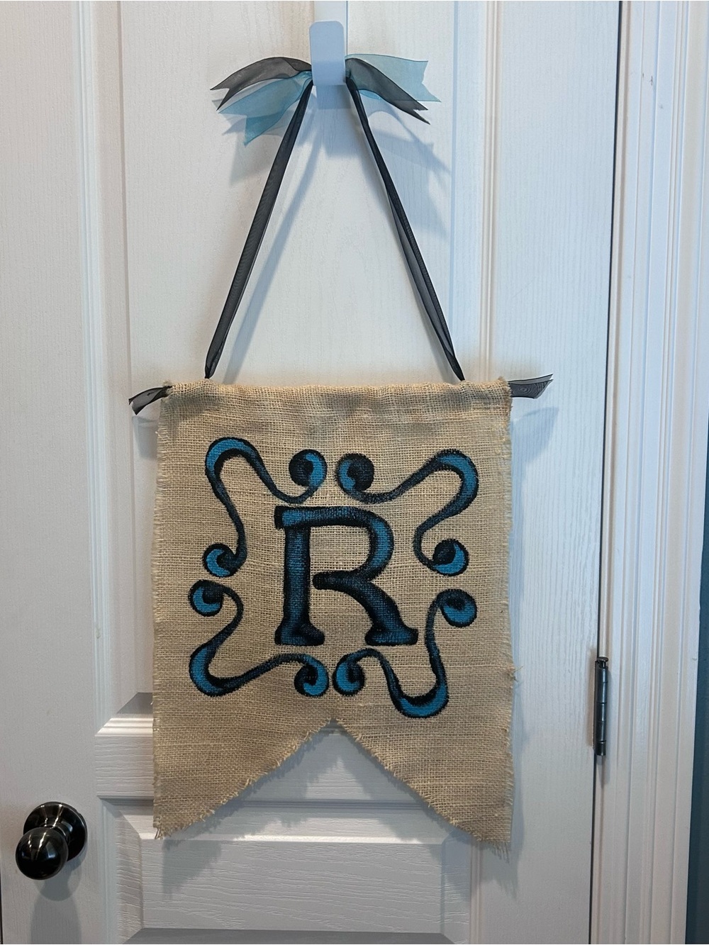 Custom Painted Burlap Banner Initial Letter “R” Wall Hanging with Ribbon Accent